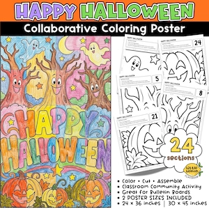 May include: A Happy Halloween collaborative coloring poster kit featuring a large, colorful finished display with smiling trees, ghosts, and pumpkins, alongside several black and white printable sheets labeled with numbers 5, 8, 21, and 24.