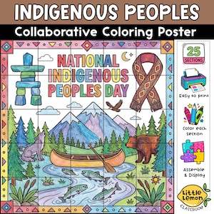 May include: A collaborative coloring poster for National Indigenous Peoples Day featuring 25 sections. The design includes an inukshuk, a patterned sash, mountains, a canoe, a wolf, a bear, and fish. The side panel shows icons for printing, coloring, and assembly.