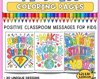 Puede incluir: Un conjunto de páginas para colorear sobre la amabilidad con tres diseños que incluyen el texto Kindness Is My Superpower, Make The World Kinder y Kindness Starts With You. Arriba hay una fila de lápices de colores y el logo de Little Lemon Classroom.