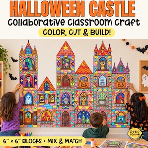 Op de afbeelding: Een grote Halloween kasteel muurschildering gemaakt van 15,24 cm bij 15,24 cm vierkante blokken met kleurrijke glas-in-loodstijl illustraties van spoken, pompoenen, heksen en monsters met de tekst HALLOWEEN CASTLE COLLABORATIVE CLASSROOM CRAFT.