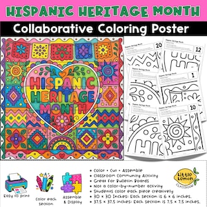 May include: A Hispanic Heritage Month collaborative coloring poster featuring a large central heart with colorful geometric and floral patterns. The set includes black and white printable pages with instructions, measuring 30x30 or 37.5x37.5 inches.