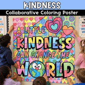 Pode incluir: Um grande cartaz de colorir colaborativo com o texto A LITTLE KINDNESS CAN CHANGE THE WORLD. O design inclui um globo, corações e padrões geométricos coloridos em tons vibrantes de rosa, azul, amarelo, verde e laranja numa grelha.