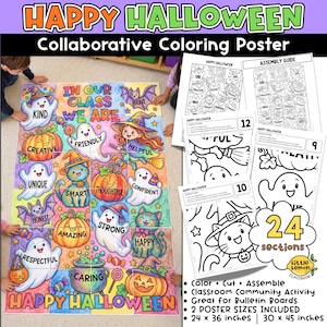 May include: A Happy Halloween collaborative coloring poster featuring 24 sections with illustrations of ghosts, cats, pumpkins, and bats. The poster includes positive words like Kind, Creative, Friendly, and Helpful. It measures 24 by 36 or 30 by 45 inches.