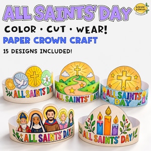 May include: Five paper crown crafts for All Saints' Day featuring colorful illustrations of religious symbols, saints, and candles. The crowns include text reading ALL SAINTS' DAY and are designed to be colored, cut, and worn by children.