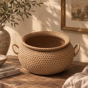 May include: A round, woven rattan basket with a wide, open top and two small, circular side handles. The basket features a consistent, tight grid-like weave pattern in a natural light brown colour, creating a structured, bowl-shaped silhouette.