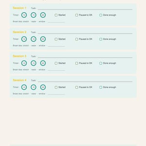 May include: A light blue task planning sheet titled Gentle Focus Blocks with four sessions. Each session includes a task line, timer circles for 10, 15, and 25 minutes, checkboxes for Started, Paused is OK, and Done enough, plus break ideas.