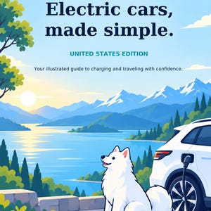 Op de afbeelding: Een boekomslag met de titel BaoGuide Electric cars, made simple. UNITED STATES EDITION. Your illustrated guide to charging and traveling with confidence. Het toont een witte hond naast een elektrische auto die bij een meer oplaadt.