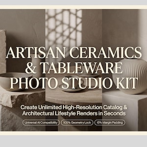 Op de afbeelding: Een digitale productweergave getiteld ARTISAN CERAMICS & TABLEWARE PHOTO STUDIO KIT. De afbeelding toont beige keramische kommen, kopjes en een geribbelde vaas op stenen sokkels met de tekst: Create Unlimited High-Resolution Catalog & Architectural Lifestyle Renders in Seconds. Bevat de labels: Universal AI Compatibility, 100% Geometry Lock, 15% Margin Padding.