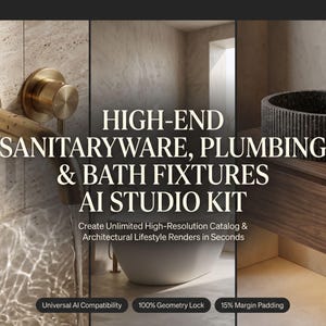 May include: A digital product display featuring the text HIGH-END SANITARYWARE, PLUMBING & BATH FIXTURES AI STUDIO KIT. The image shows a brass wall-mounted faucet, a white bathtub, and a dark gray textured sink on a wooden vanity.