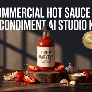 Puede incluir: Una botella de cristal de salsa picante Fire & Harvest Habanero Reserve con tapón negro y etiqueta crema. La botella se asienta sobre un bloque de madera rodeada de chiles habaneros rojos, dientes de ajo y sal.