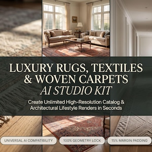 May include: A digital product titled LUXURY RUGS, TEXTILES & WOVEN CARPETS AI STUDIO KIT. The image displays various interior scenes featuring patterned area rugs, a hallway runner, and text overlays including UNIVERSAL AI COMPATIBILITY.