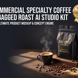 Puede incluir: Una bolsa de café negra etiquetada como Solstice Roasters Single Origin Ethiopia junto a una taza de café negra humeante y granos de café esparcidos. El texto dice Commercial Specialty Coffee & Bagged Roast AI Studio Kit y The Ultimate Product Mockup & Concept Engine.