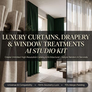 May include: A digital kit featuring images of curtains, drapery, and window treatments. Text reads: LUXURY CURTAINS, DRAPERY & WINDOW TREATMENTS AI STUDIO KIT. Create Unlimited High-Resolution Catalog & Architectural Lifestyle Renders in Seconds.