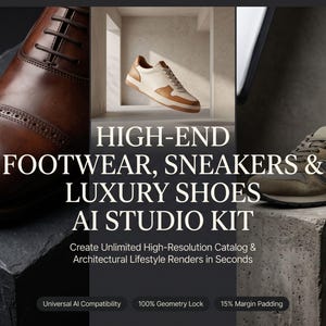 Puede incluir: Una pantalla digital con un zapato de vestir de cuero marrón, una zapatilla blanca y beige, y una zapatilla deportiva verde oliva. El texto dice: HIGH-END FOOTWEAR, SNEAKERS & LUXURY SHOES AI STUDIO KIT. Create Unlimited High-Resolution Catalog & Architectural Lifestyle Renders in Seconds. Universal AI Compatibility, 100% Geometry Lock, 15% Margin Padding.
