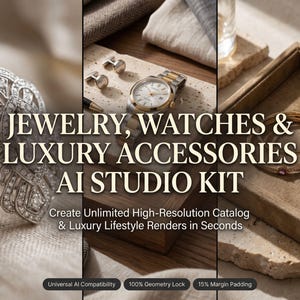 May include: A digital kit featuring a silver diamond ring, a two-tone wristwatch, cufflinks, and gold bracelets with gemstones. The text reads: JEWELRY, WATCHES & LUXURY ACCESSORIES AI STUDIO KIT. Create Unlimited High-Resolution Catalog & Luxury Lifestyle Renders in Seconds.
