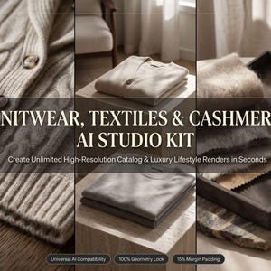 May include: A digital kit featuring beige knitwear, textiles, and cashmere. The text reads: KNITWEAR, TEXTILES & CASHMERE AI STUDIO KIT. Create Unlimited High-Resolution Catalog & Luxury Lifestyle Renders in Seconds. Universal AI Compatibility, 100% Geometry Lock, 15% Margin Padding, Slide 1 of 5.