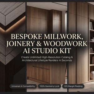 May include: A digital kit titled Bespoke Millwork, Joinery & Woodwork AI Studio Kit featuring images of dark wood cabinetry, chevron patterns, and shelving units. The text reads Create Unlimited High-Resolution Catalog & Architectural Lifestyle Renders in Seconds.