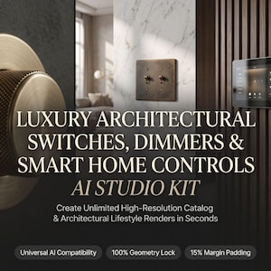 May include: A collection of architectural hardware including a circular brass dimmer knob with a textured grip, a rectangular double toggle switch plate in a dark bronze finish, and a black digital smart home control panel.