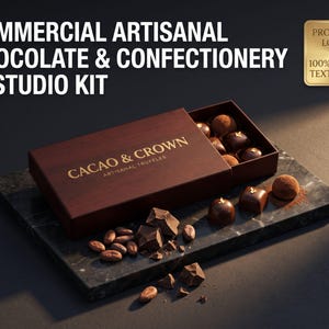 Puede incluir: Una caja de madera marrón oscuro etiquetada CACAO & CROWN ARTISANAL TRUFFLES que contiene trufas de chocolate variadas, con granos de cacao y trozos de chocolate esparcidos. El texto dice COMMERCIAL ARTISANAL CHOCOLATE & CONFECTIONERY AI STUDIO KIT.