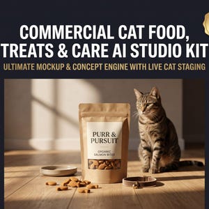 May include: A brown pouch labeled Purr & Pursuit Organic Salmon Bites sits on a wooden floor next to a tabby cat, a small bowl, a collar, and several fish-shaped treats. Text reads: Commercial Cat Food, Treats & Care AI Studio Kit.