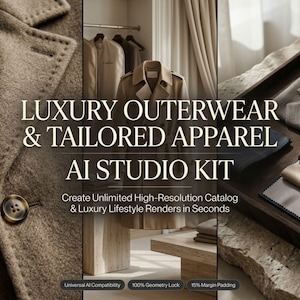 May include: A digital product display featuring a tan trench coat, a close-up of a brown button on a textured coat, and fabric swatches in a tray. The text reads: LUXURY OUTERWEAR & TAILORED APPAREL AI STUDIO KIT. Create Unlimited High-Resolution Catalog & Luxury Lifestyle Renders in Seconds.