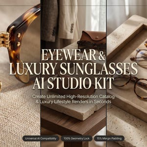 May include: Eyewear & Luxury Sunglasses AI Studio Kit. A collection of tortoise shell and clear frame glasses, cases, and trays. Text reads: Eyewear & Luxury Sunglasses AI Studio Kit. Create Unlimited High-Resolution Catalog & Luxury Lifestyle Renders in Seconds.