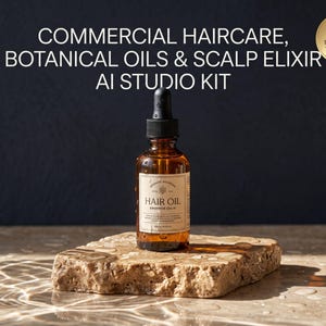 Puede incluir: Un frasco de vidrio ámbar con tapa de gotero negra que contiene aceite para el cabello. La etiqueta dice COMMERCIAL HAIRCARE, BOTANICAL OILS & SCALP ELIXIR AI STUDIO KIT y HAIR OIL. Un sello dorado indica PRODUCT LOCK + 100% LABEL TEXT LOCK.