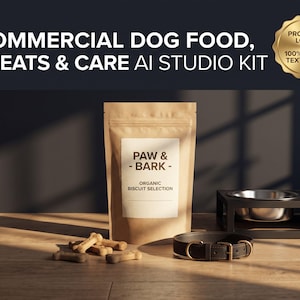 Puede incluir: Una bolsa de papel marrón etiquetada PAW & BARK ORGANIC BISCUIT SELECTION, acompañada de varias galletas con forma de hueso, un collar de cuero marrón oscuro con hebilla dorada y un soporte negro con dos cuencos plateados.
