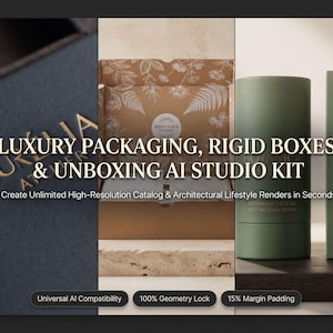 Puede incluir: Un tríptico que muestra una caja azul oscuro con texto dorado en relieve, una caja de cartón marrón abierta con ilustraciones botánicas blancas y un envase cilíndrico verde con una caja rectangular a juego.