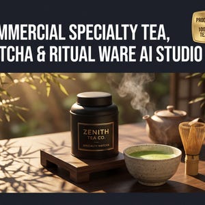May include: A black canister labeled Zenith Tea Co. Specialty Matcha sits on a wooden stand next to a speckled bowl of green tea, a bamboo whisk, and a small teapot. The text reads: COMMERCIAL SPECIALTY TEA, MATCHA & RITUAL WARE AI STUDIO KIT.