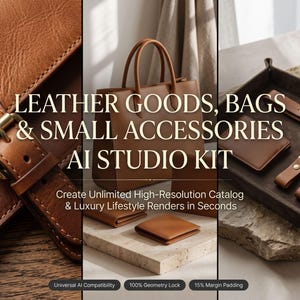 May include: A collection of brown leather goods including a handbag, wallets, and keychains displayed on stone surfaces. Text reads: LEATHER GOODS, BAGS & SMALL ACCESSORIES AI STUDIO KIT. Create Unlimited High-Resolution Catalog & Luxury Lifestyle Renders in Seconds.