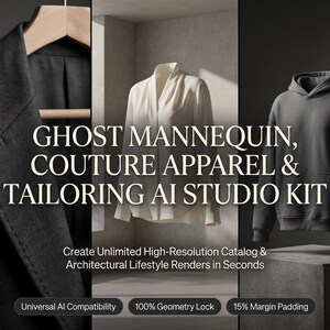 Puede incluir: Una pantalla digital que muestra un blazer oscuro, una blusa blanca y una sudadera con capucha gris con el texto GHOST MANNEQUIN, COUTURE APPAREL & TAILORING AI STUDIO KIT, Create Unlimited High-Resolution Catalog & Architectural Lifestyle Renders in Seconds.