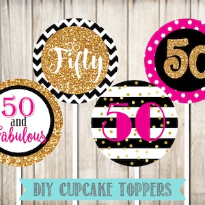 50 cumpleaños Cupcake Toppers- 50 cumpleaños Favor Etiquetas- Descarga instantánea-Archivo digital