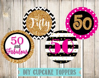50th Birthday Cupcake Toppers- 50th Birthday Favor Tags- Instant Download-Digital File