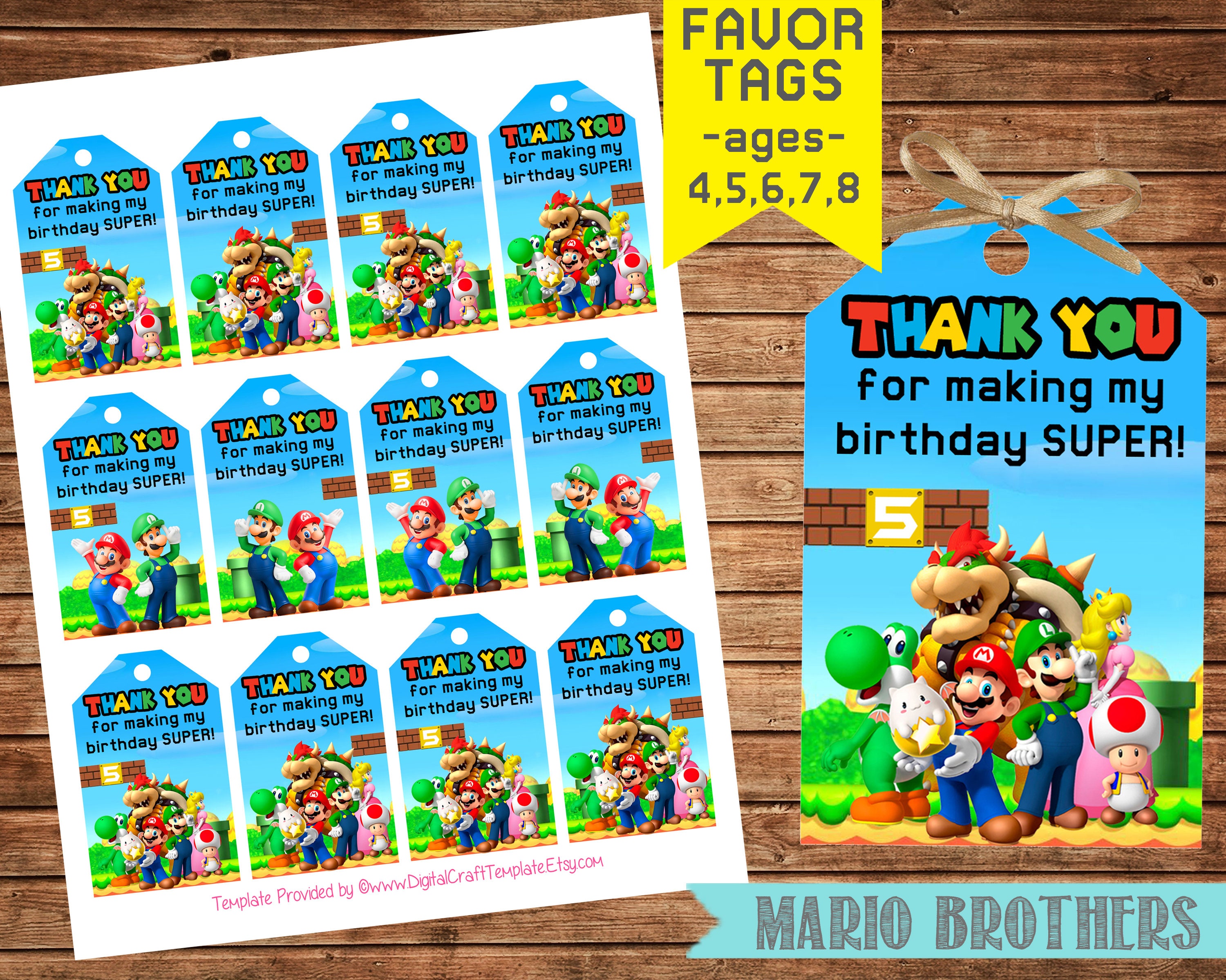 Mario Brothers Favor Tags- Mario Favor Tags- Mario Thank You Tags- Ma…