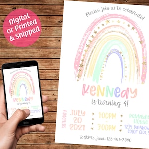 Rainbow Birthday Invitation- Rainbow Invitation- Gold and Pastel Rainbow Invitation-Rainbow Birthday- Digital File-You Print or We Print