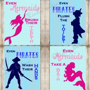 Kids Bathroom Digital Wall Art- Bathroom Rules- Pirate & Mermaid Theme- Nautical Bathroom Wall Prints- Four 8x10 JPEG Instant Download Files