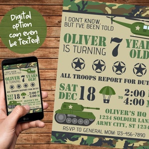 Army Birthday Party Invitation-Army Invitation-Army Birthday-Military Birthday-Digital File- You Print