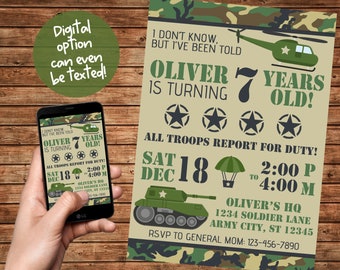 Army Birthday Party Invitation-Army Invitation-Army Birthday-Military Birthday-Digital File- You Print