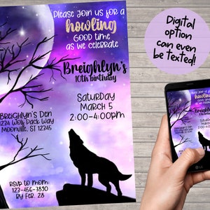 Wolf Birthday Party Invitation-Wolf Howling Invitation- Wolf Birthday- Girls Wolf Birthday-Digital File-You Print