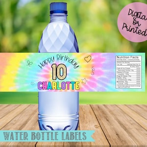 Tie Dye Water Bottle Labels- Tie Dye Birthday Party-Tie Dye Bottle Labels-Personalized- You Print or We Print