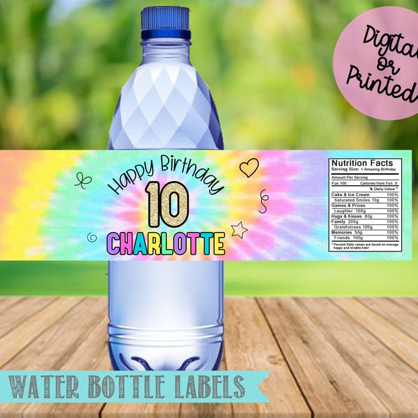 Tie Dye Water Bottle Labels- Tie Dye Birthday Party-Tie Dye Bottle Labels-Personalized- You Print or We Print