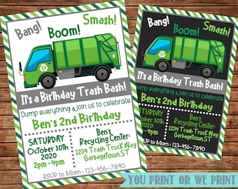 Trash Truck Birthday Invitation-Trash Bash Birthday- Garbage Truck Invitation-Digital File- You Print