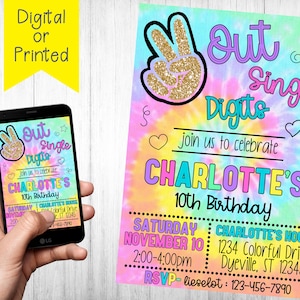 Tie Dye Birthday Party Invitation- Tie Dye Invitation- Tie Dye Birthday-10th Birthday-Double Digits-You Print- Digital Emailed File