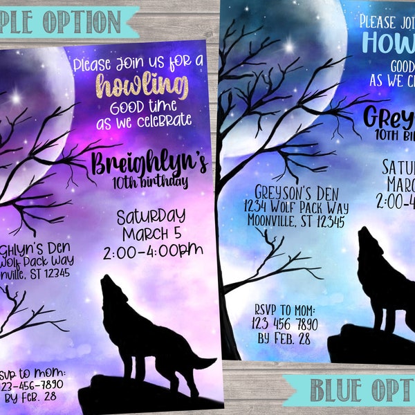 Wolf Birthday Party Invitation-Wolf Howling Invitation- Wolf Birthday- Girls Wolf Birthday-Digital File-You Print