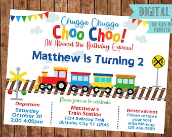 Modern Train Party Invitation  Choo Choo Train Birthday  Train Tracks Party  Railroad Railway Crossing Party  Digital Printable Download