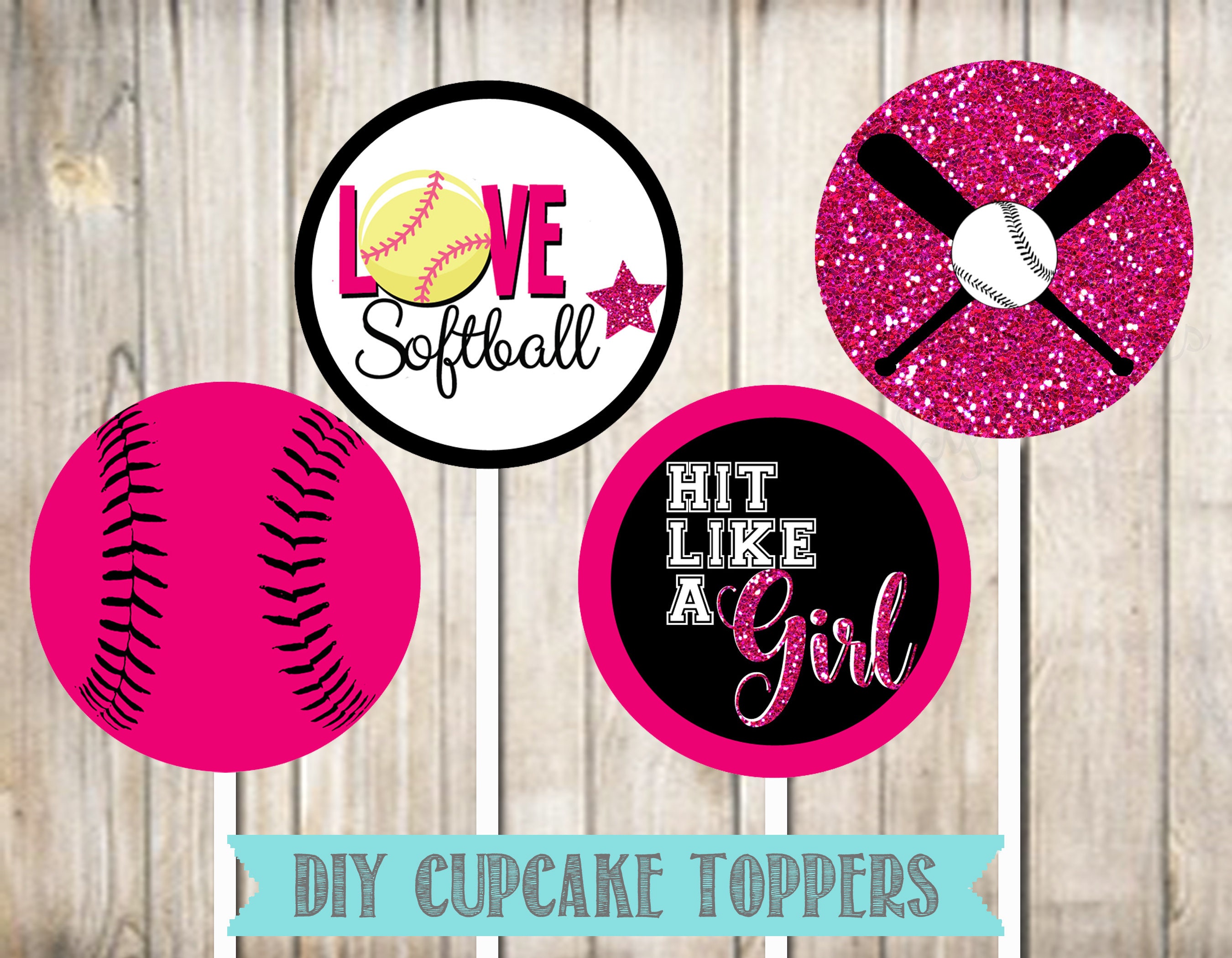 Softball Cupcake Toppers- Softball Favor Tags- Black, Pink and White- Instant Download-Digital File