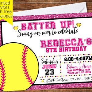 Softball Birthday Party Invitation- Softball Invitation- Softball Birthday-Digital File-Printed and Mailed with Envelopes