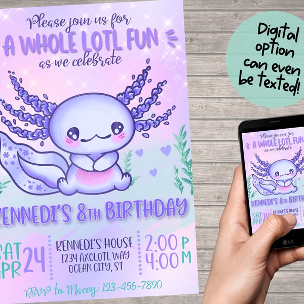 Axolotl Birthday Party Invitation- Axolotl Birthday Invitation- Girl Axolotl Invitation-Digital File-Free Thank You Note-You Print