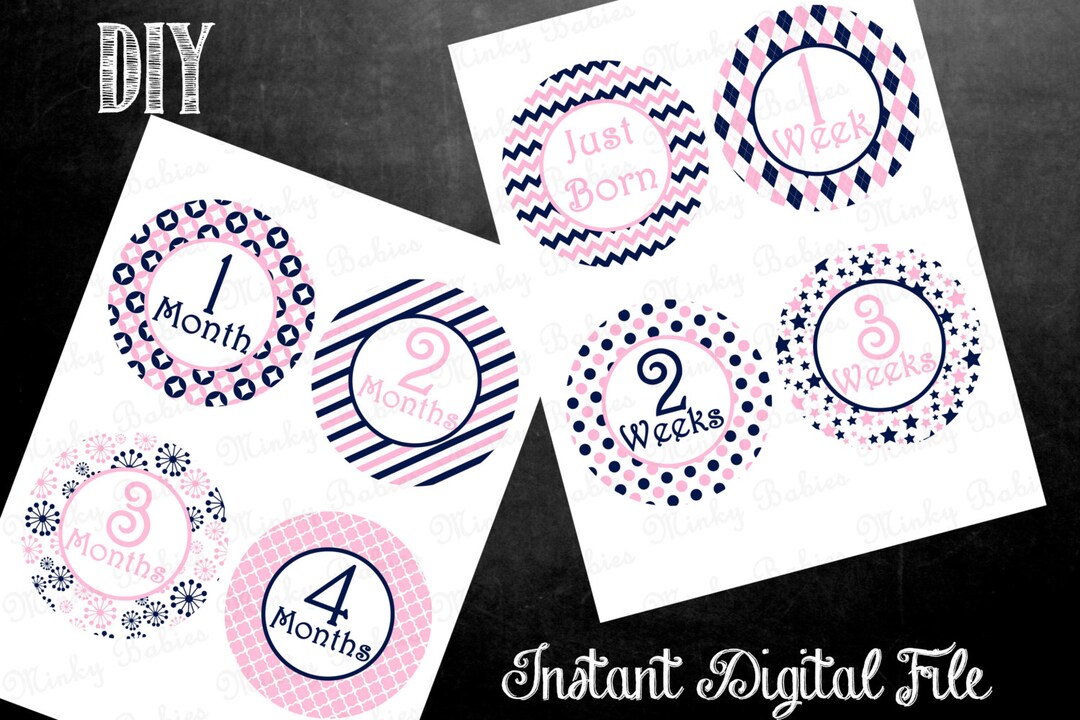 Digital Baby Monthly Milestone Stickers- DIY Printable-pink/navy-jpeg W ...